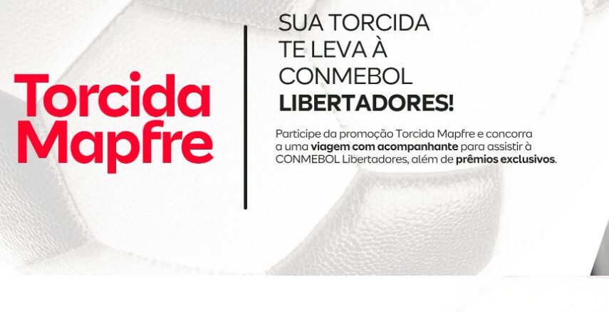 Banner promocional da Torcida Mapfre com fundo que mostra a textura de uma bola de futebol em tons de cinza. O texto destaca que a torcida leva o participante para a CONMEBOL Libertadores e convida a concorrer a uma viagem com acompanhante e prêmios exclusivos.