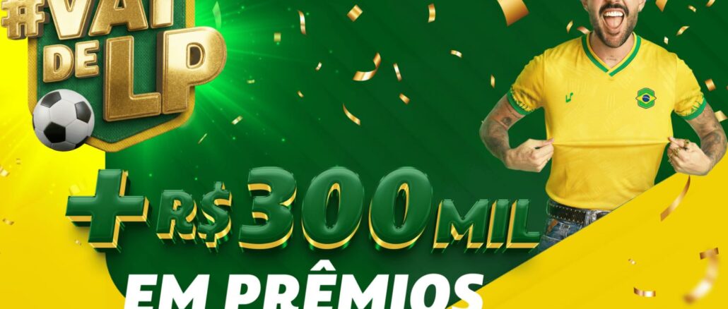 Banner publicitário da campanha Vai de LP mostrando um homem comemorando e o anúncio de mais de R$300MIL em prêmios.