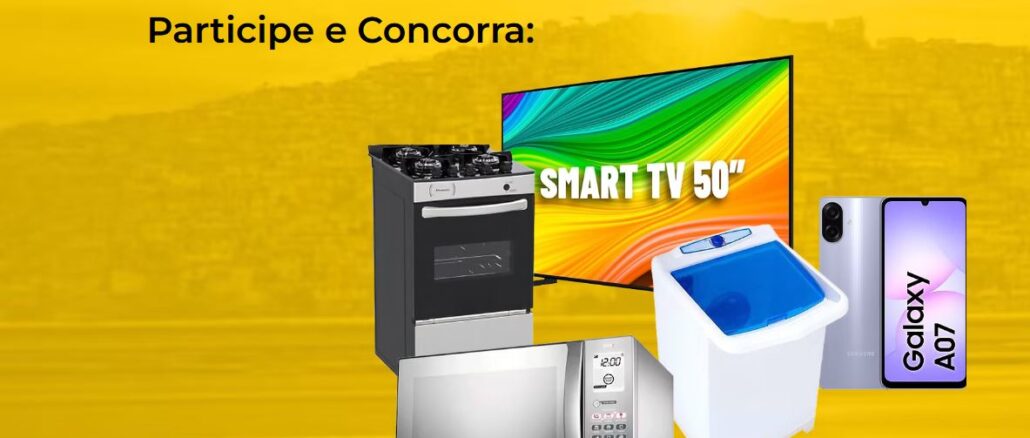 Banner publicitário com fundo amarelo exibindo prêmios como uma Smart TV de 50 polegadas, fogão, micro-ondas, máquina de lavar e um smartphone Galaxy A07.