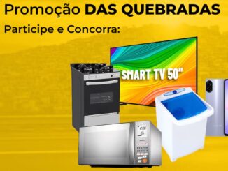 Banner publicitário com fundo amarelo exibindo prêmios como uma Smart TV de 50 polegadas, fogão, micro-ondas, máquina de lavar e um smartphone Galaxy A07.