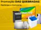 Banner publicitário com fundo amarelo exibindo prêmios como uma Smart TV de 50 polegadas, fogão, micro-ondas, máquina de lavar e um smartphone Galaxy A07.