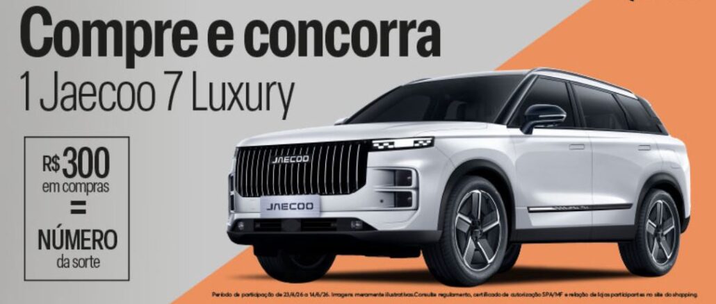 Promoção de Dia das Mães e Dia dos Namorados do Norte Shopping em Blumenau Banner publicitário da Almeida Junior apresentando a promoção Compre e concorra. A imagem destaca um SUV Jaecoo 7 Luxury na cor branca sobre um fundo dividido diagonalmente em cinza e laranja. No lado esquerdo, um quadro detalha que R$300 em compras equivalem a um número da sorte.