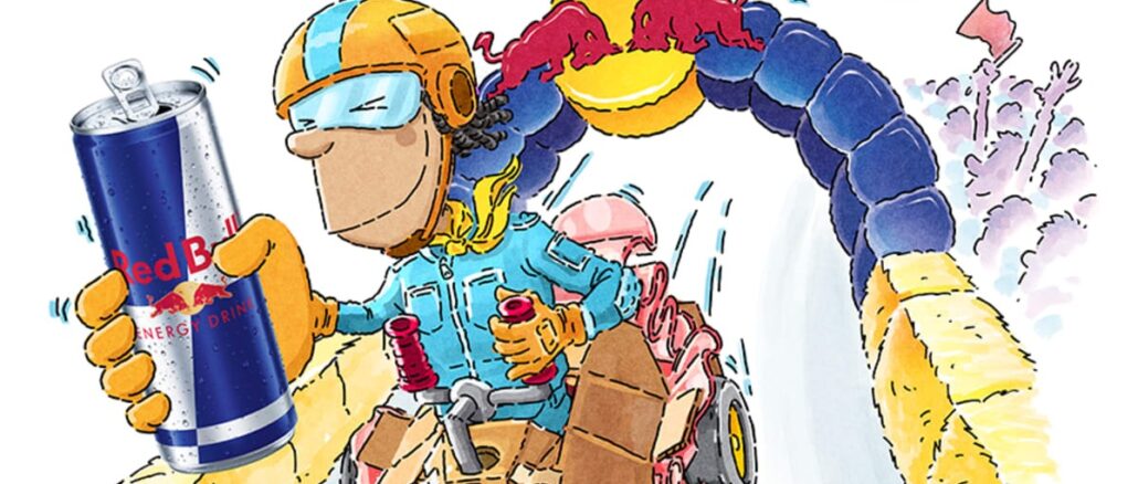 Ilustração em estilo cartum de um piloto em um carro de papelão segurando uma lata de Red Bull enquanto desce uma ladeira sob um arco da marca com uma multidão ao fundo.