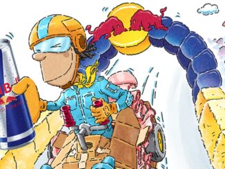 Ilustração em estilo cartum de um piloto em um carro de papelão segurando uma lata de Red Bull enquanto desce uma ladeira sob um arco da marca com uma multidão ao fundo.
