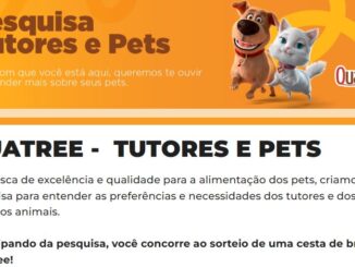 Imagem publicitária da marca Quatree com ilustrações em 3D de um cachorro e uma gata sobre um fundo laranja, convidando para uma pesquisa voltada a tutores e animais de estimação.