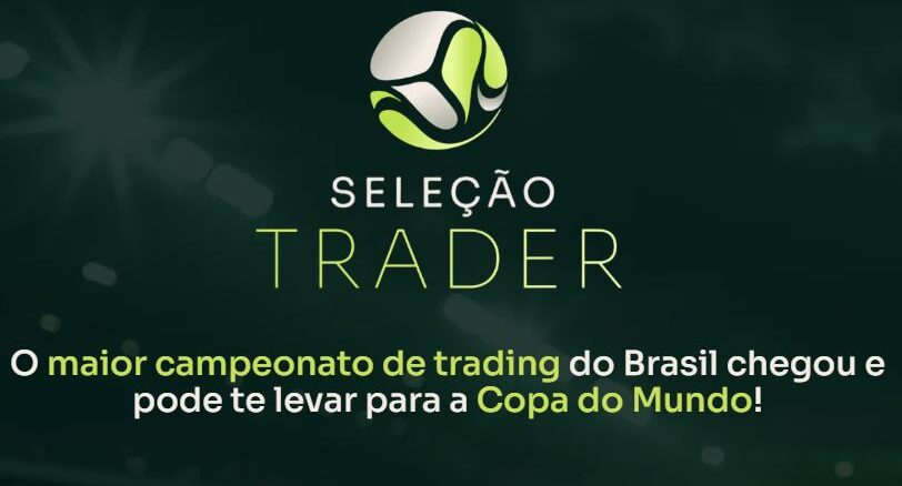 Logotipo Seleção Trader com uma bola de futebol estilizada e texto sobre o maior campeonato de trading do Brasil.