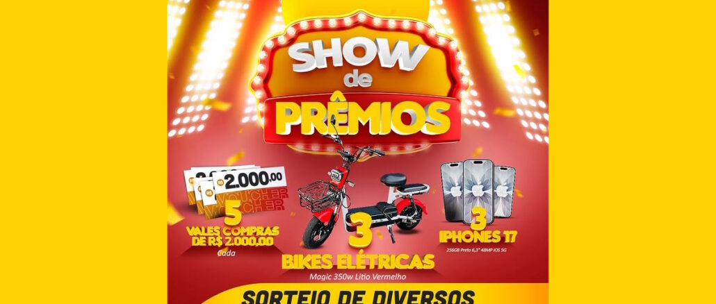 Cartaz promocional da Amoedo intitulado Show de Premios com fundo vermelho e amarelo. A imagem destaca premios como vales compras de R$2.000,00, bicicletas eletricas e iPhones 17.