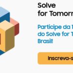 Ilustração com blocos coloridos tridimensionais e convite para a 13ª edição do Solve for Tomorrow Brasil com botão de inscrição.