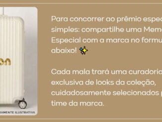 Imagem publicitária da marca Milon com uma mala de viagem branca e dourada ao lado de um texto explicativo sobre um concurso cultural para ganhar roupas da coleção.