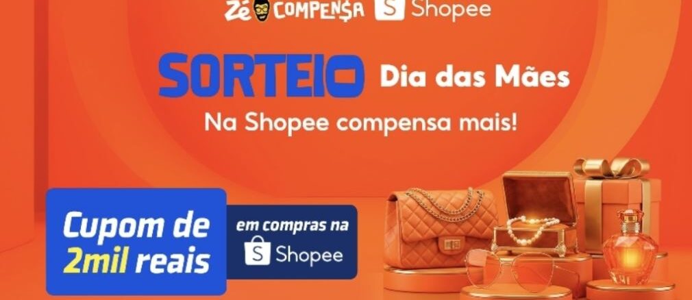 Sorteio Dia das Mães Shopee no Zé Delivery Banner promocional do sorteio de Dia das Mães realizado pelo Zé Compensa em parceria com a Shopee. A imagem apresenta um fundo alaranjado com elementos circulares. Do lado direito, diversos itens de presente como uma bolsa, joias e perfume estão dispostos sobre pedestais dourados. No centro, destaca-se um anúncio de cupom no valor de R$2.000,00 para compras.