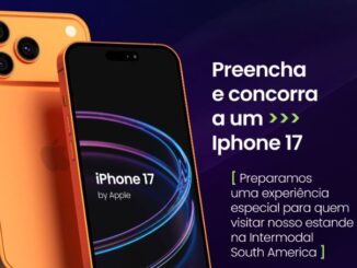 Anúncio de sorteio de um iPhone 17 na cor laranja posicionado à esquerda sobre fundo roxo. À direita, textos convidam para participar de uma experiência no estande da Intermodal South America.