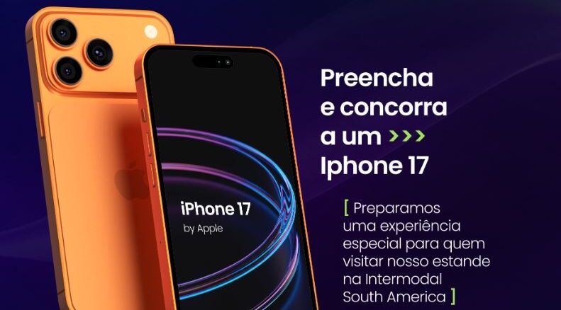 Anúncio de sorteio de um iPhone 17 na cor laranja posicionado à esquerda sobre fundo roxo. À direita, textos convidam para participar de uma experiência no estande da Intermodal South America.