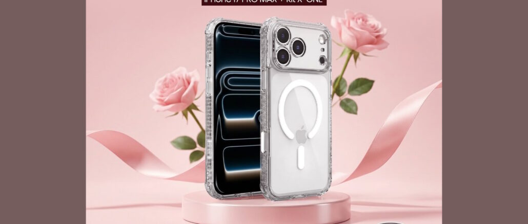 Post publicitário de sorteio com fundo rosa e flores. Apresenta um iPhone com capa transparente em destaque e detalhes sobre a promoção Proteção de Mãe da marca X-ONE.