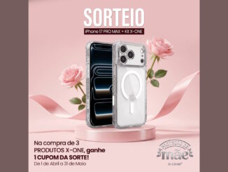 Post publicitário de sorteio com fundo rosa e flores. Apresenta um iPhone com capa transparente em destaque e detalhes sobre a promoção Proteção de Mãe da marca X-ONE.