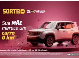 Banner promocional do sorteio Zé Compensa apresentando um SUV branco sobre uma plataforma circular. O fundo é rosa com elementos que lembram corações flutuantes. O texto principal destaca a oportunidade de ganhar um carro zero quilômetro no valor de até R$150.000,00 para o Dia das Mães.