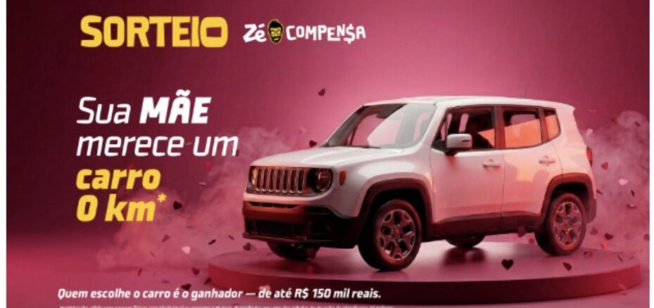 Banner promocional do sorteio Zé Compensa apresentando um SUV branco sobre uma plataforma circular. O fundo é rosa com elementos que lembram corações flutuantes. O texto principal destaca a oportunidade de ganhar um carro zero quilômetro no valor de até R$150.000,00 para o Dia das Mães.