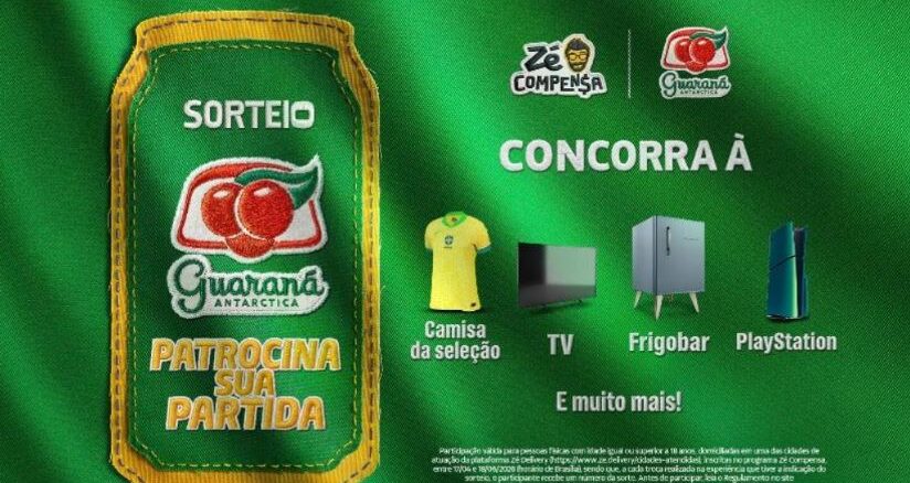 Anúncio da promoção Sorteio Patrocina Sua Partida do Guaraná Antarctica e Zé Compensa. O fundo verde destaca um aplique em formato de lata com o nome da campanha e imagens de prêmios como uma camisa da seleção, TV, frigobar e videogame.