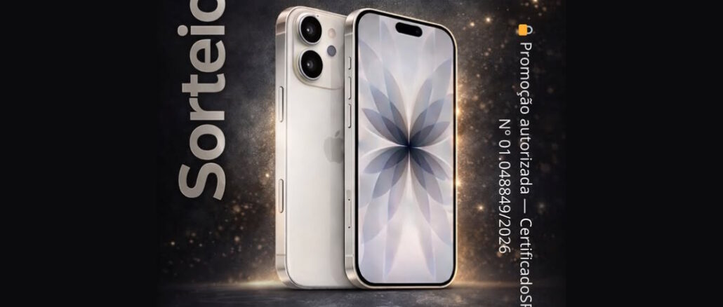 Cartaz publicitário de um sorteio do iPhone 17 apresentando o design frontal e traseiro do aparelho sobre um fundo escuro com partículas brilhantes.