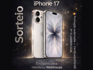 Cartaz publicitário de um sorteio do iPhone 17 apresentando o design frontal e traseiro do aparelho sobre um fundo escuro com partículas brilhantes.