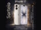 Cartaz publicitário de um sorteio do iPhone 17 apresentando o design frontal e traseiro do aparelho sobre um fundo escuro com partículas brilhantes.