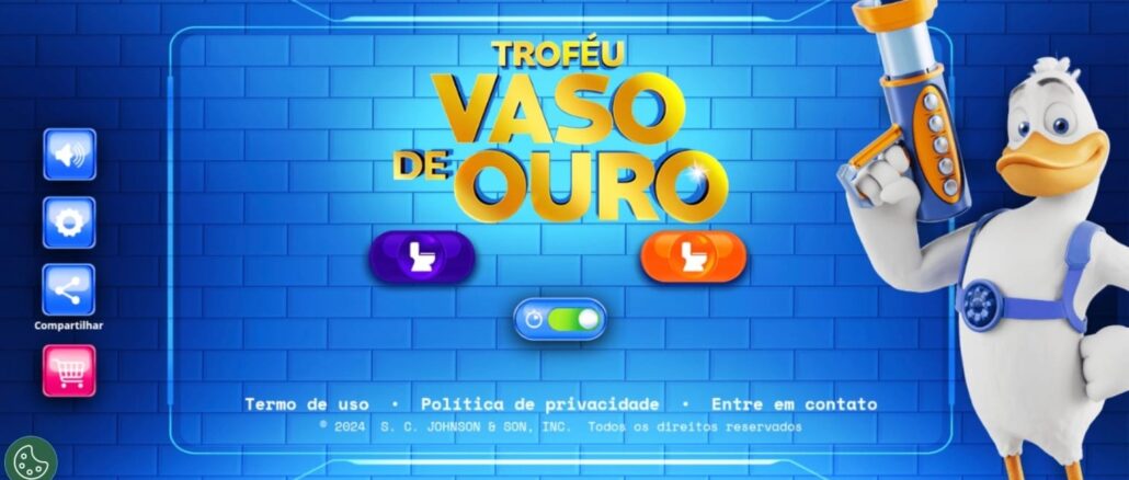 Interface do jogo Troféu Vaso de Ouro com o mascote pato branco segurando um lançador tecnológico à direita. O título centralizado é dourado sobre um fundo de parede de tijolos azuis, contendo botões interativos e ícones de menu lateral.