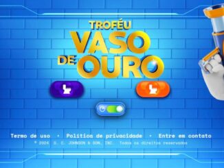 Interface do jogo Troféu Vaso de Ouro com o mascote pato branco segurando um lançador tecnológico à direita. O título centralizado é dourado sobre um fundo de parede de tijolos azuis, contendo botões interativos e ícones de menu lateral.