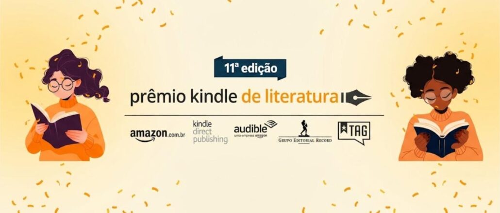 Banner da 11ª edição do Prêmio Kindle de Literatura, com ilustrações de duas leitoras e logotipos de Amazon.com.br, Kindle Direct Publishing, Audible, Grupo Editorial Record e TAG.