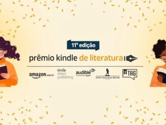 Banner da 11ª edição do Prêmio Kindle de Literatura, com ilustrações de duas leitoras e logotipos de Amazon.com.br, Kindle Direct Publishing, Audible, Grupo Editorial Record e TAG.
