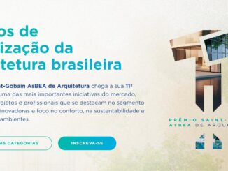 Banner do 11º Prêmio Saint-Gobain AsBEA de Arquitetura com a frase "11 anos de valorização da arquitetura brasileira", colagem de imagens de projetos arquitetônicos e botões de chamada para ação.