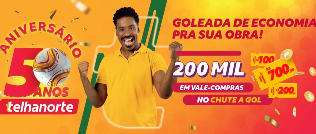 ANIVERSÁRIO 50 ANOS TELHANORTE Banner promocional do Aniversário de 50 Anos da Telhanorte com homem comemorando e destaque para sorteio de R$200.000,00 em vale-compras.