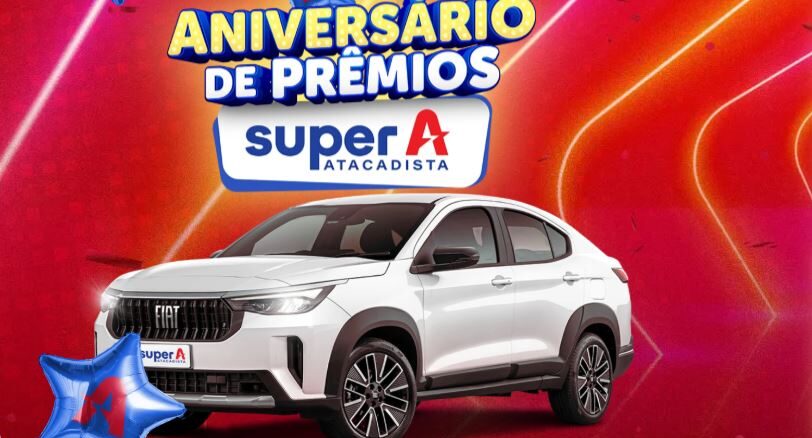 Promoção Aniversário de Prêmios Super A Atacadista com Fiat Fastback branco como prêmio principal.