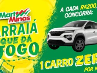 Peça publicitária da promoção Arraiá que Dá Jogo, do Mart Minas Atacado e Varejo, com carro zero km como prêmio mensal a cada R$200 em compras.