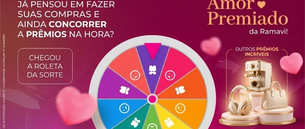 Banner promocional da campanha Amor Premiado da Ramavi, com roleta colorida e prêmios como máquina de café, fone de ouvido e bolsa.