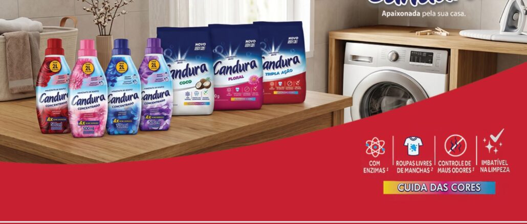 Amostra Grátis Candura no The Insiders Produtos Candura, incluindo sabão em pó e amaciante concentrado em diversas fragrâncias, exibidos sobre bancada de lavanderia, com máquina de lavar ao fundo e destaque para os atributos: com enzimas, roupas livres de manchas, controle de maus odores e cuida das cores.