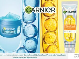 Campanha de amostra grátis Garnier com dois produtos: Creme Hidratante Facial Preenchedor Hialurônico Toque Seco e Sérum de Limpeza Facial Vitamina C Iluminador, disponível na plataforma The Insiders de 22/05/2026 a 19/06/2026.