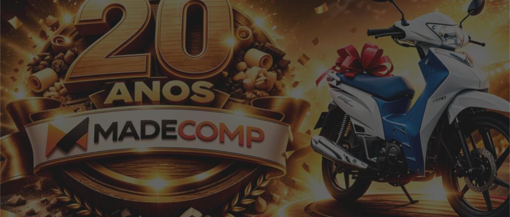 Promoção de aniversário de 20 anos da Madecomp, loja de Rondonópolis, Mato Grosso, com moto Honda branca e azul com laço vermelho como prêmio.