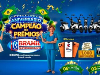 Banner promocional da campanha Aniversário Campeão de Prêmios do Bramil Supermercados, com sorteio de 5 scooters elétricas, 3 iPhones 17, 1.000 vales-compra, air fryers e TVs toda semana.