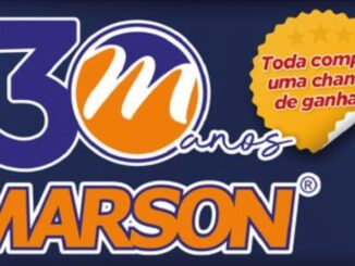 Arte promocional da campanha de aniversário de 30 anos da Marson, com logotipo da marca em laranja e azul, número 30 em destaque e selo dourado com a frase "Toda compra uma chance de ganhar!".