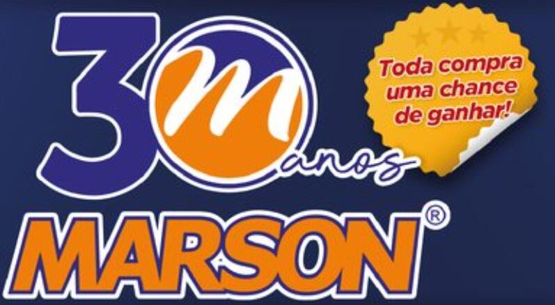 Aniversário Marson 30 anos em Minas e São Paulo Arte promocional da campanha de aniversário de 30 anos da Marson, com logotipo da marca em laranja e azul, número 30 em destaque e selo dourado com a frase "Toda compra uma chance de ganhar!".