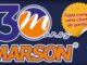 Arte promocional da campanha de aniversário de 30 anos da Marson, com logotipo da marca em laranja e azul, número 30 em destaque e selo dourado com a frase "Toda compra uma chance de ganhar!".