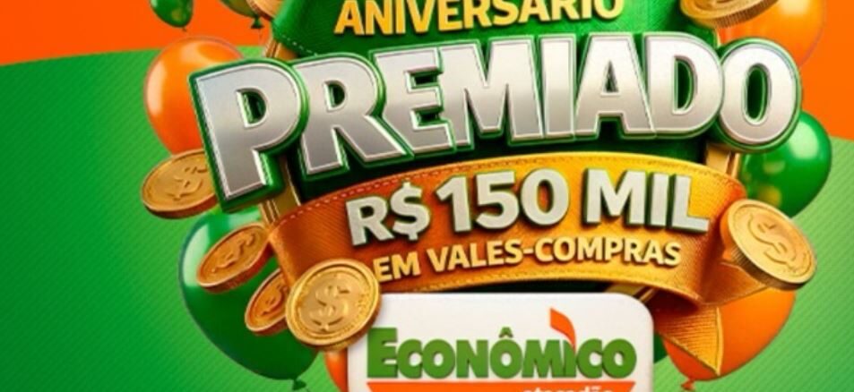 Arte promocional da campanha Aniversário Premiado do Econômico Atacadão, com destaque para o prêmio de R$150.000,00 em vales-compras, sobre fundo verde e laranja com balões e moedas douradas.