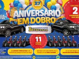 Peça publicitária da promoção Aniversário em Dobro dos Supermercados Bavaresco, comemorando 27 anos de atuação em Santa Catarina e Paraná, com sorteio de 2 caminhonetes RAM 0km e 11 scooters elétricas.