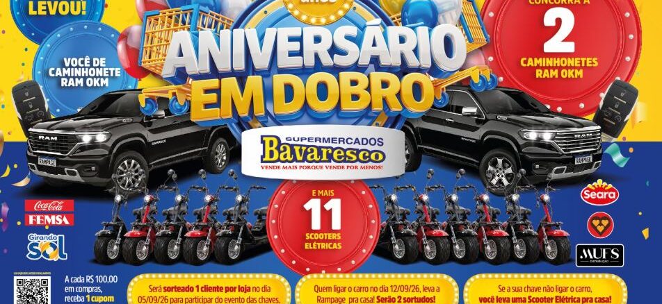 Peça publicitária da promoção Aniversário em Dobro dos Supermercados Bavaresco, comemorando 27 anos de atuação em Santa Catarina e Paraná, com sorteio de 2 caminhonetes RAM 0km e 11 scooters elétricas.