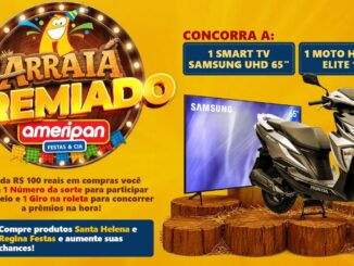 Imagem promocional do Arraiá Premiado Ameripan Festas e Cia, com prêmios de uma Smart TV Samsung UHD 65 polegadas e uma Moto Honda Elite 125.
