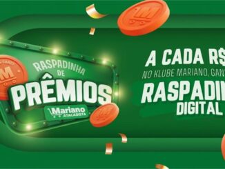 Banner promocional da campanha Raspadinha de Prêmios do Mariano Atacadista, com fundo verde, moedas laranjas com o logo da rede e confetes dourados, anunciando raspadinha digital a cada R$50 em compras no Klube Mariano.