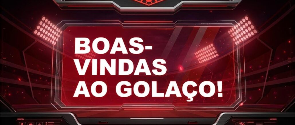 Imagem promocional da campanha Bolão Golaço Açotubo 2026, com fundo escuro em tons de vermelho e preto, holofotes de estádio iluminados e o texto "Boas-vindas ao Golaço!" em destaque no centro.