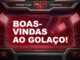 Imagem promocional da campanha Bolão Golaço Açotubo 2026, com fundo escuro em tons de vermelho e preto, holofotes de estádio iluminados e o texto "Boas-vindas ao Golaço!" em destaque no centro.