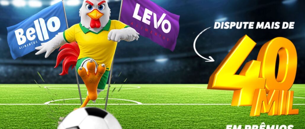 Bolão Chute Premiado Bello e Levo Alimentos Mascote frango vestindo uniforme verde e amarelo da seleção brasileira chutando uma bola de futebol em um campo iluminado, segurando bandeiras das marcas Bello Alimentos e Levo Alimentos, com destaque para o texto "Dispute mais de 40 mil em prêmios".