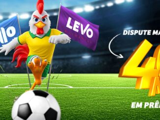Mascote frango vestindo uniforme verde e amarelo da seleção brasileira chutando uma bola de futebol em um campo iluminado, segurando bandeiras das marcas Bello Alimentos e Levo Alimentos, com destaque para o texto "Dispute mais de 40 mil em prêmios".