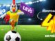 Mascote frango vestindo uniforme verde e amarelo da seleção brasileira chutando uma bola de futebol em um campo iluminado, segurando bandeiras das marcas Bello Alimentos e Levo Alimentos, com destaque para o texto "Dispute mais de 40 mil em prêmios".